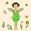 Cute cartoon fairy girl wearing green dress composition, vector