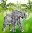 elephant with raised trunk & green background