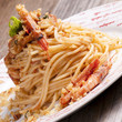 spaghetti with pesto and shrimp with toasted breadcrumbs