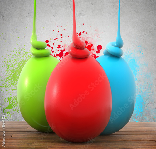 Illustration: Three colorful eggs on a wooden planks Three colorful eggs on a wooden planks