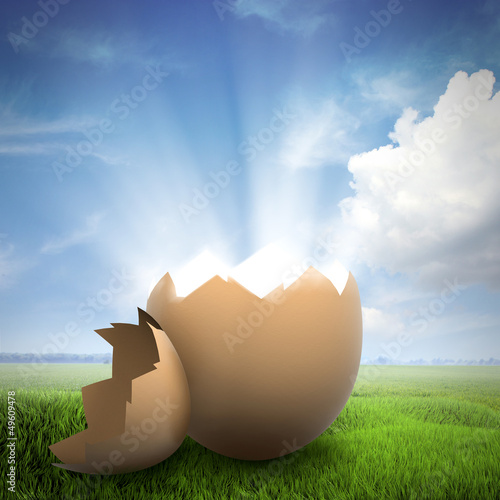 Photo: Light shining from a broken egg shell on a field Light shining from a broken egg shell on a field