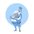 Fat policeman having fun. Vector illustration. Easy recoloring