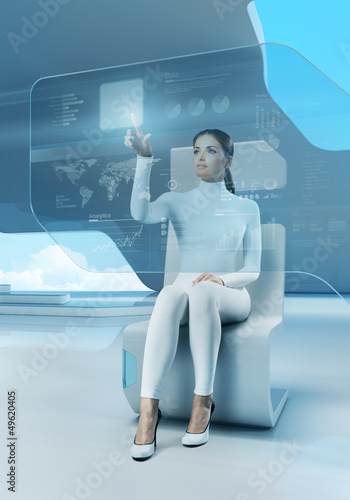 Illustration: Future technology. Girl press button touchscreen interface. Future technology. Girl press button touchscreen interface.