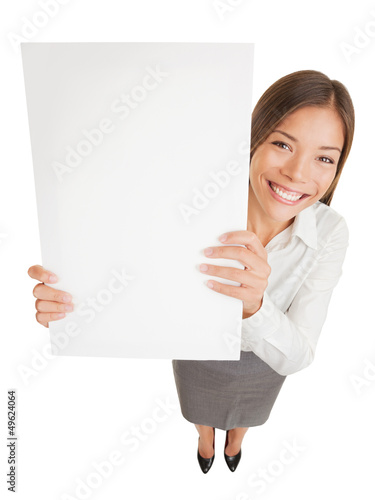 Photo: Poster sign woman showing blank placard Poster sign woman showing blank placard