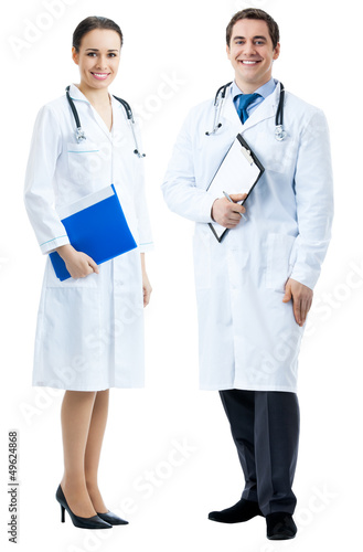 Photo: Two happy medical people, on white Two happy medical people, on white
