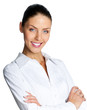 Cheerful businesswoman, over white