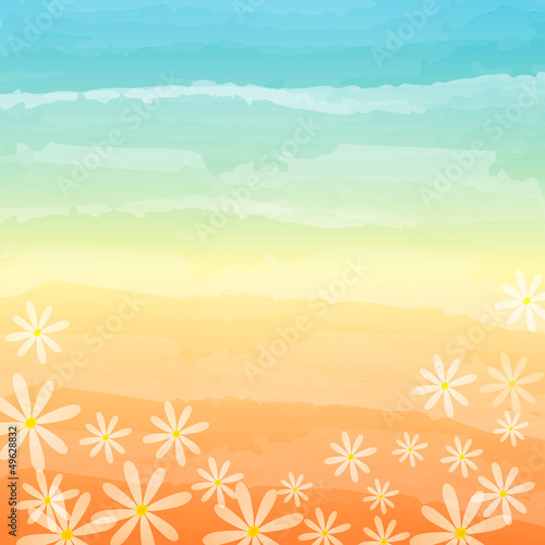 Illustration: spring flowers in blue peach background spring flowers in blue peach background