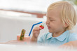 Little blond boy in a cafe