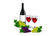 bottles and glasses of wine and ripe grapes isolated on white