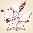 old blank scroll paper and feather pen