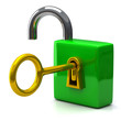 Open pad lock with key in keyhole, 3d icon
