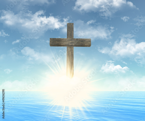 Illustration: wooden cross in front of sun wooden cross in front of sun