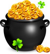 Black pot of leprechauns gold with lucky clovers