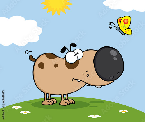 Vector: Cute Dog Cartoon Mascot Character With Butterfly On A Meadow Cute Dog Cartoon Mascot Character With Butterfly On A Meadow
