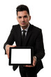 Employee showing an empty tablet