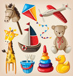 Set of colorful vintage toys for kids.