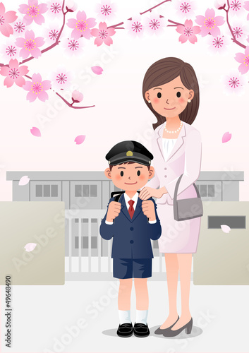 Vector: 入学式 桜 親子 小学校 ランドセル イラスト 母 息子 入学式 桜 親子 小学校 ランドセル イラスト 母 息子