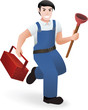 Plumber with his tools, runs