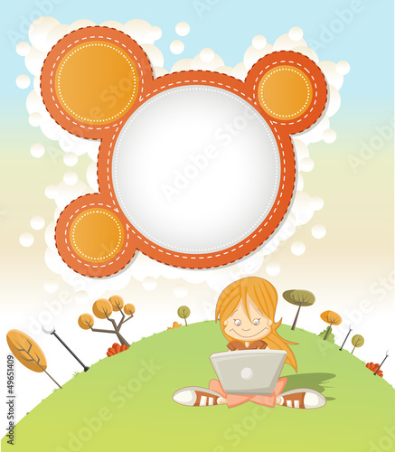 Vector: Cute cartoon girl with laptop on green park Cute cartoon girl with laptop on green park