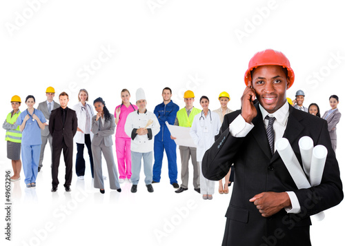 Photo: Architect on the phone in front of career group Architect on the phone in front of career group