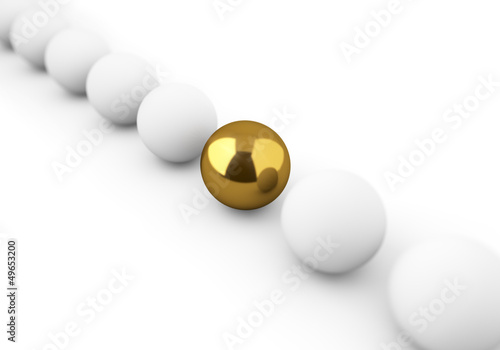 Illustration: One golden ball among white ones concept image. One golden ball among white ones concept image.