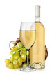 Photo: White wine bottle and grapes in basket White wine bottle and grapes in basket