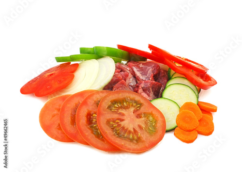 Photo: Meet and vegetables on white background Meet and vegetables on white background