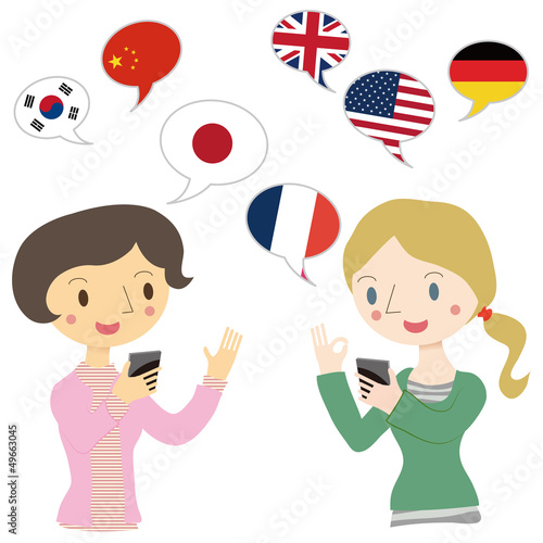 Vector: 翻訳アプリで会話をする女性 翻訳アプリで会話をする女性
