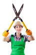 Woman gardener with shears on white