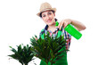 Girl watering plants on white