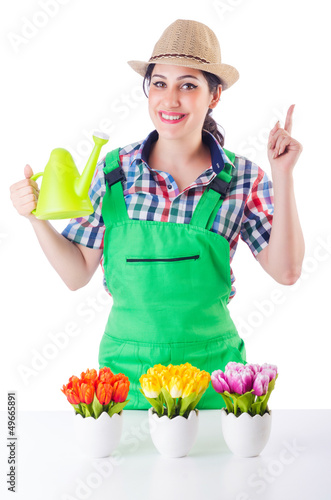 Photo: Girl watering plants on white Girl watering plants on white