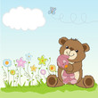 childish greeting card with teddy bear and his toy