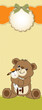 childish greeting card with teddy bear and his toy