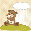 childish greeting card with teddy bear and his toy