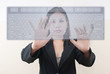 business lady pushing transparent keyboard on the whiteboard.
