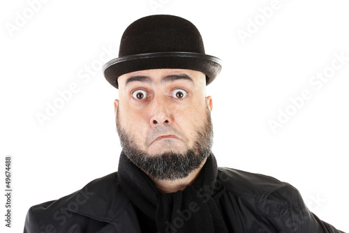 Photo: Confused man with beard and bowler hat Confused man with beard and bowler hat