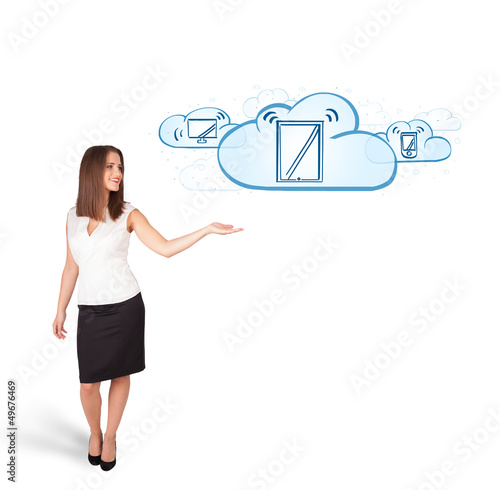 Photo: young woman presenting modern devices in clouds young woman presenting modern devices in clouds
