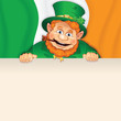 Cartoon Leprechaun with Sign over Irish Flag.