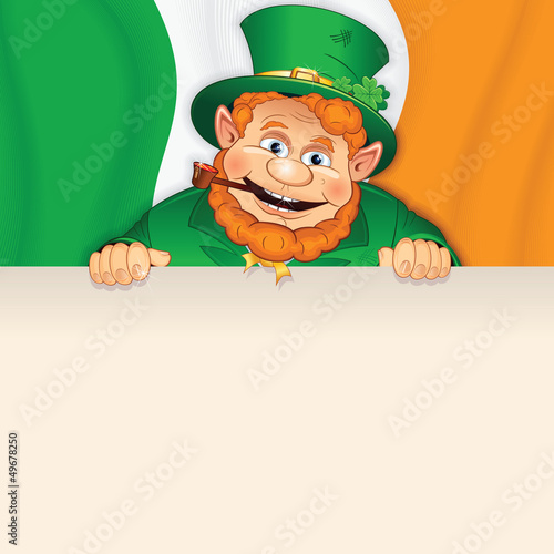Illustration: Cartoon Leprechaun with Sign over Irish Flag. Cartoon Leprechaun with Sign over Irish Flag.