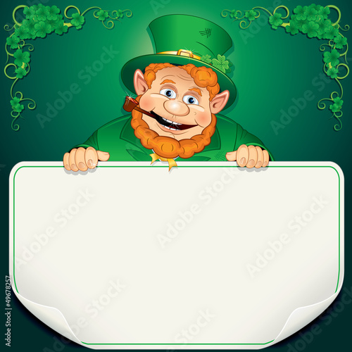 Illustration: St. Patrick's Day Card. Leprechaun with Blank Sign St. Patrick's Day Card. Leprechaun with Blank Sign