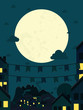 Night small town with big moon. Vector illustration.