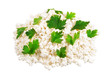 Fresh cottage cheese (curd) heap with parsley, isolated on white