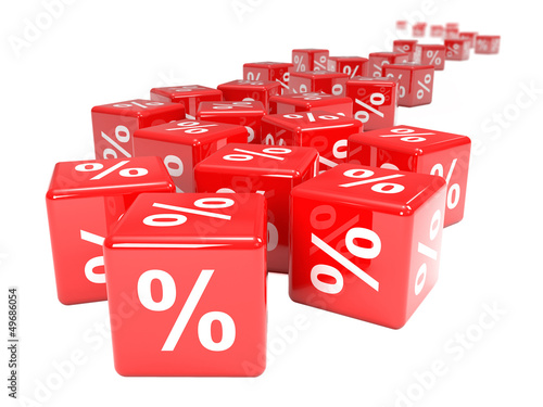Illustration: Red dice with percentage sign disappear in distance Red dice with percentage sign disappear in distance