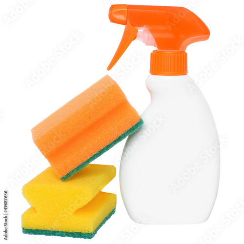 Photo: Bottle of detergent with two cleaning sponge Bottle of detergent with two cleaning sponge