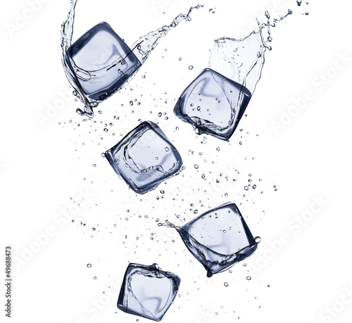 Photo: Collection of ice cubes with water splash on white background Collection of ice cubes with water splash on white background