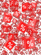 Red 3d dice with percent symbol fall from sky