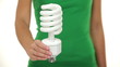 Energy saver light bulb - woman showing