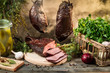 Photo: Rural smokehouse ham preparation for smoking Rural smokehouse ham preparation for smoking