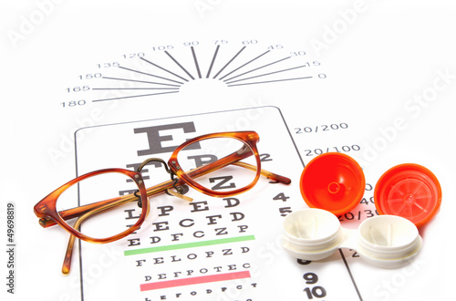 Photo: eye test chart and glasses and containers for contact lenses eye test chart and glasses and containers for contact lenses