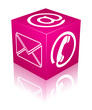 Magenta 3d contact cube button, icon with reflection